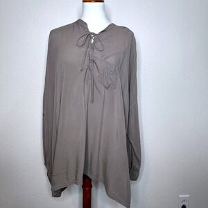 PETE & GRETA Tunic Top SMALL Taupe Oversized Tie Front Roll Tab Sleeve Boho Poet